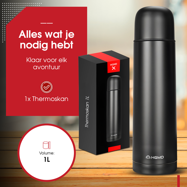HGMD Thermoskan - 1 Liter - Isoleerkan - Zwart - Koffie - Thee - Voor warme en koude dranken