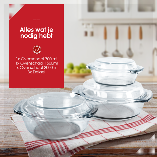 HGMD Ovenschalen set - 3 Delig - 700 ML - 1500 ML - 2000ML - Rond - Vaatwasserbestendig