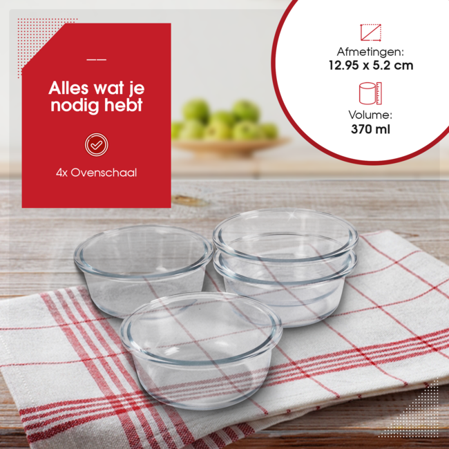 HGMD Ovenschalen Set - 4 Stuks -  370ML - Glas - Rond - Ovenschaaltjes 1 persoon - Ovenschaaltjes klein - Vaatwasserbestendig