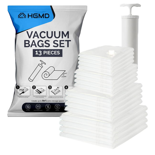 HGMD Vacuumzakken voor kleding en dekbedden - 13 Stuks - 4 Maten - 12 Vacuüm opbergzakken inclusief handpomp - Vacumeerzakken