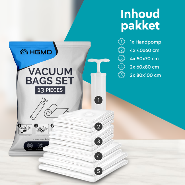 HGMD Vacuumzakken voor kleding en dekbedden - 13 Stuks - 4 Maten - 12 Vacuüm opbergzakken inclusief handpomp - Vacumeerzakken