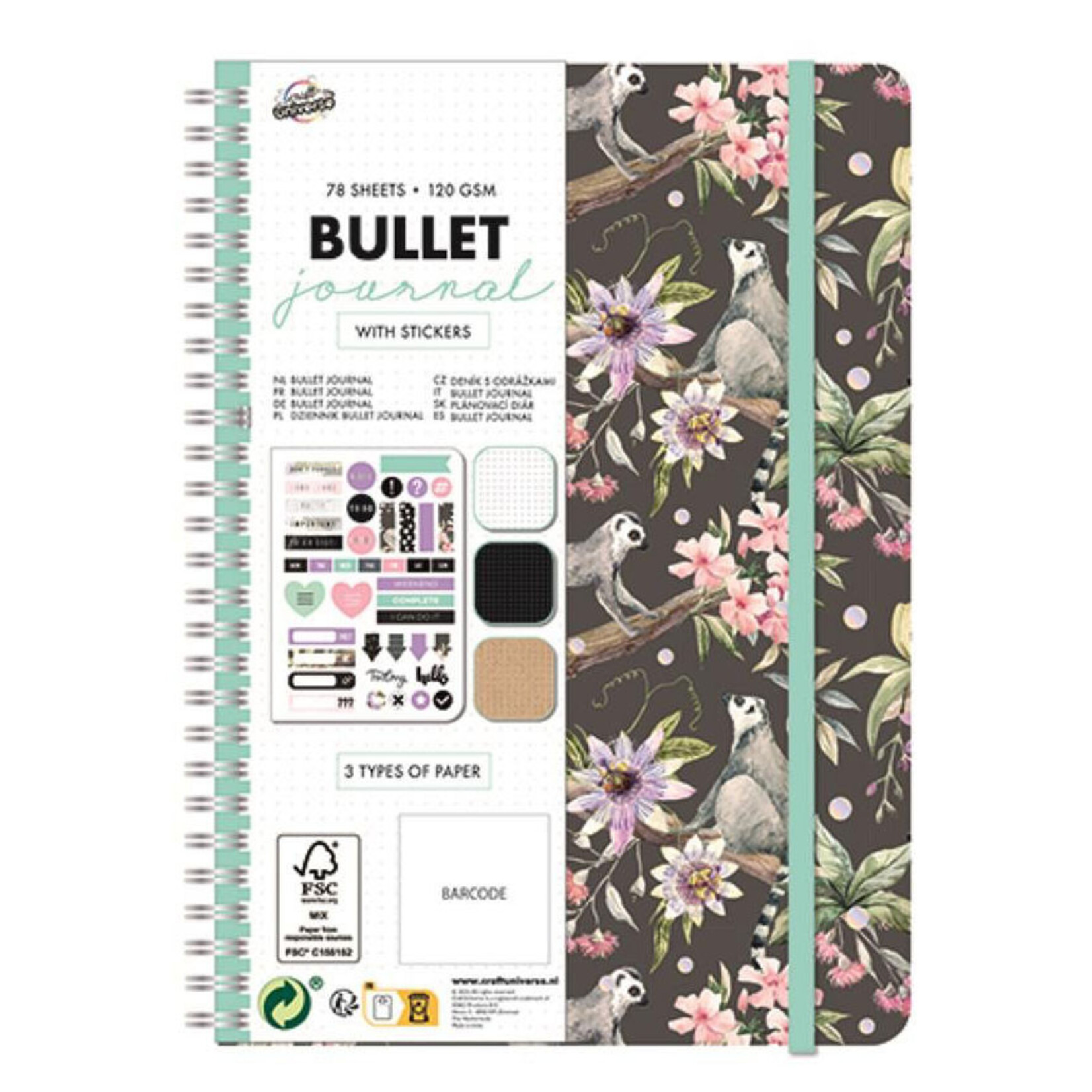 Bullet Journal, Ring-tailed Lemur gemustertes Notizbuch A5 mit Aufklebern