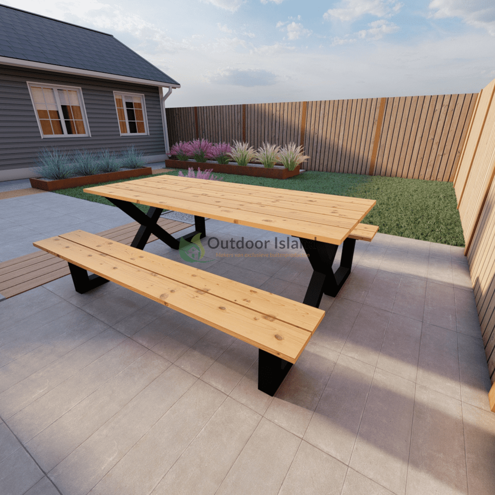 Picknicktafel Douglas Model X, gemaakt van staal en douglas