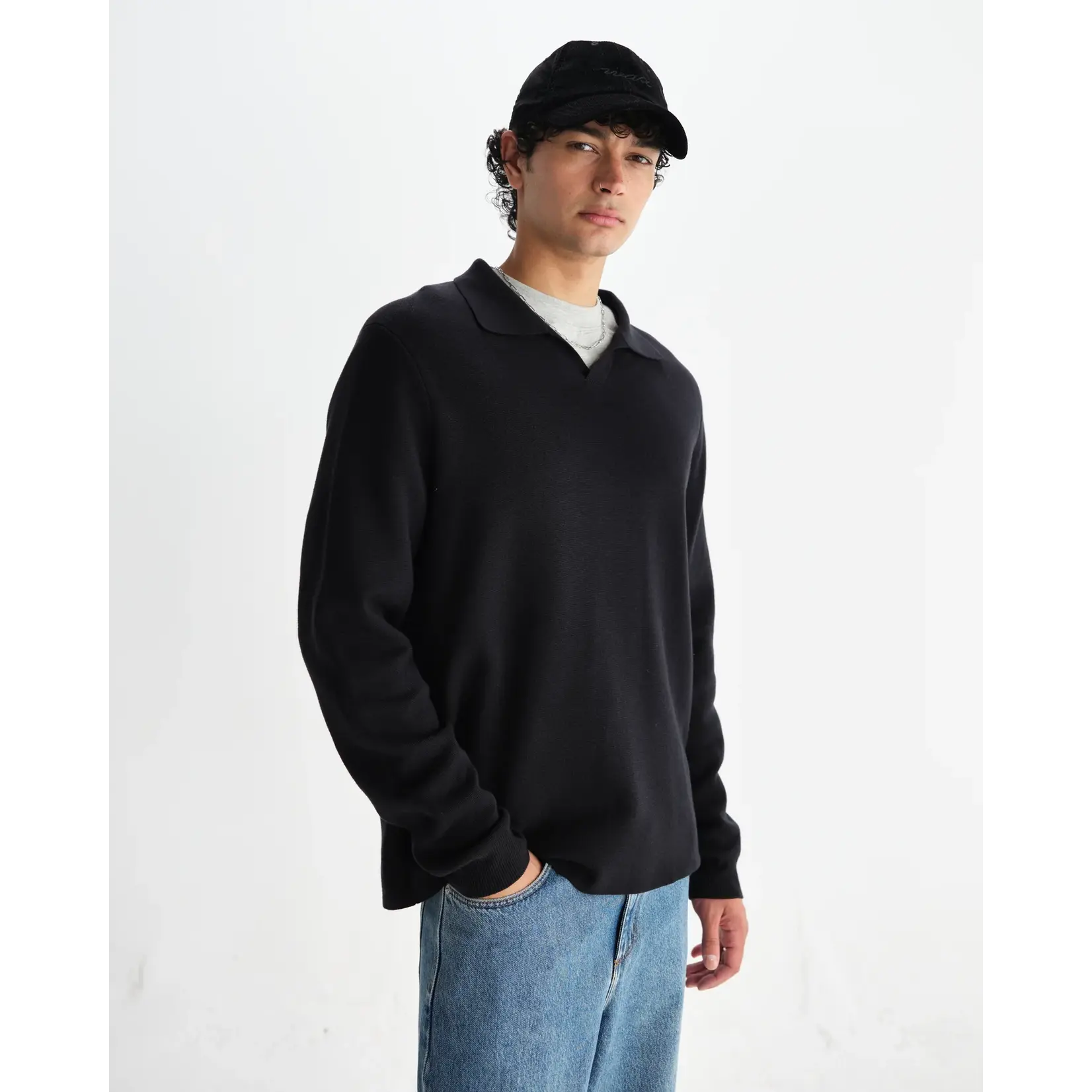 Wax London Wax London Carter open collar polo black
