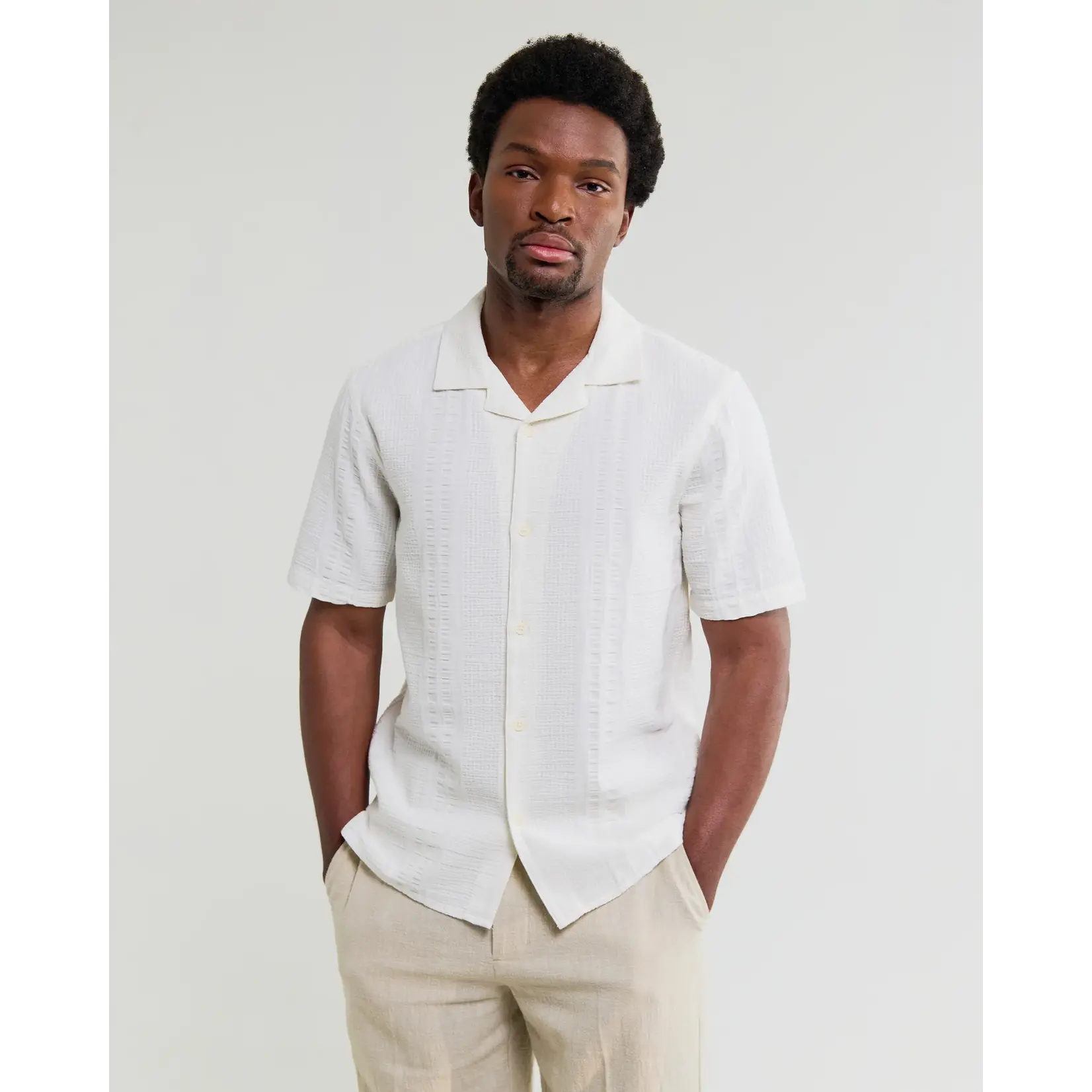 Wax London Wax London Didcot SS Shirt Dbl-Weave Seersucker Ecru