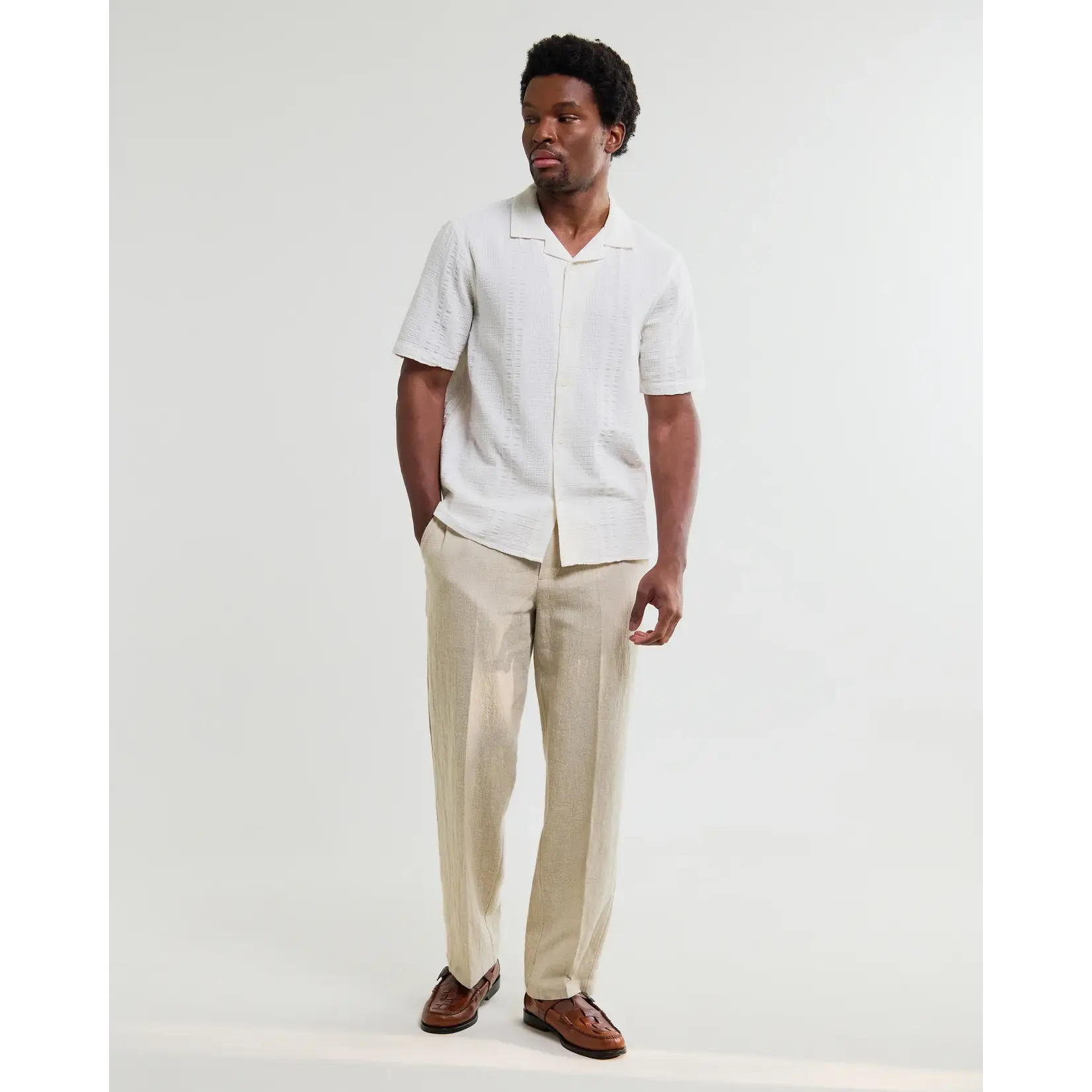 Wax London Wax London Didcot SS Shirt Dbl-Weave Seersucker Ecru