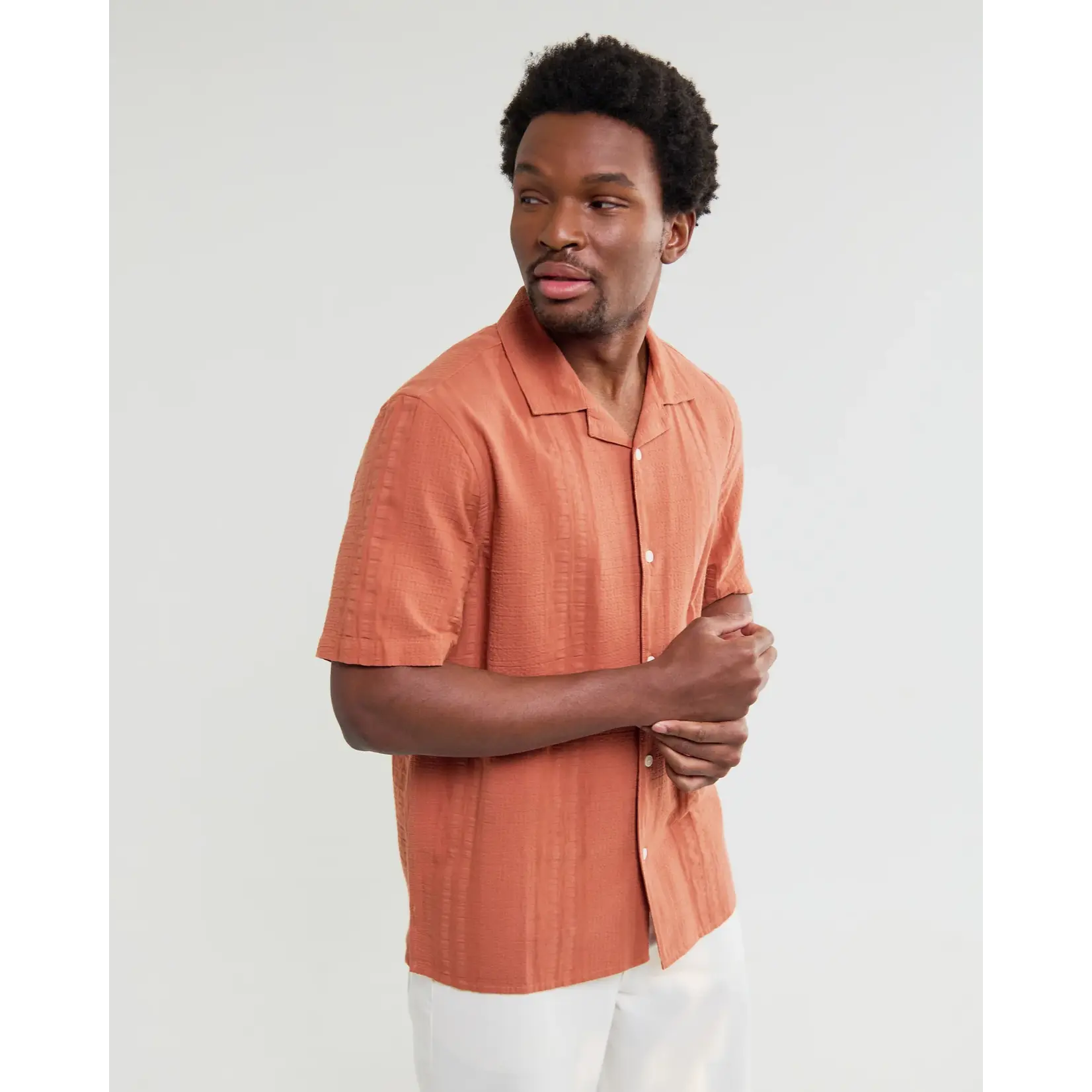 Wax London Wax London Didcot SS Shirt Dbl-Weave Seersucker Rust