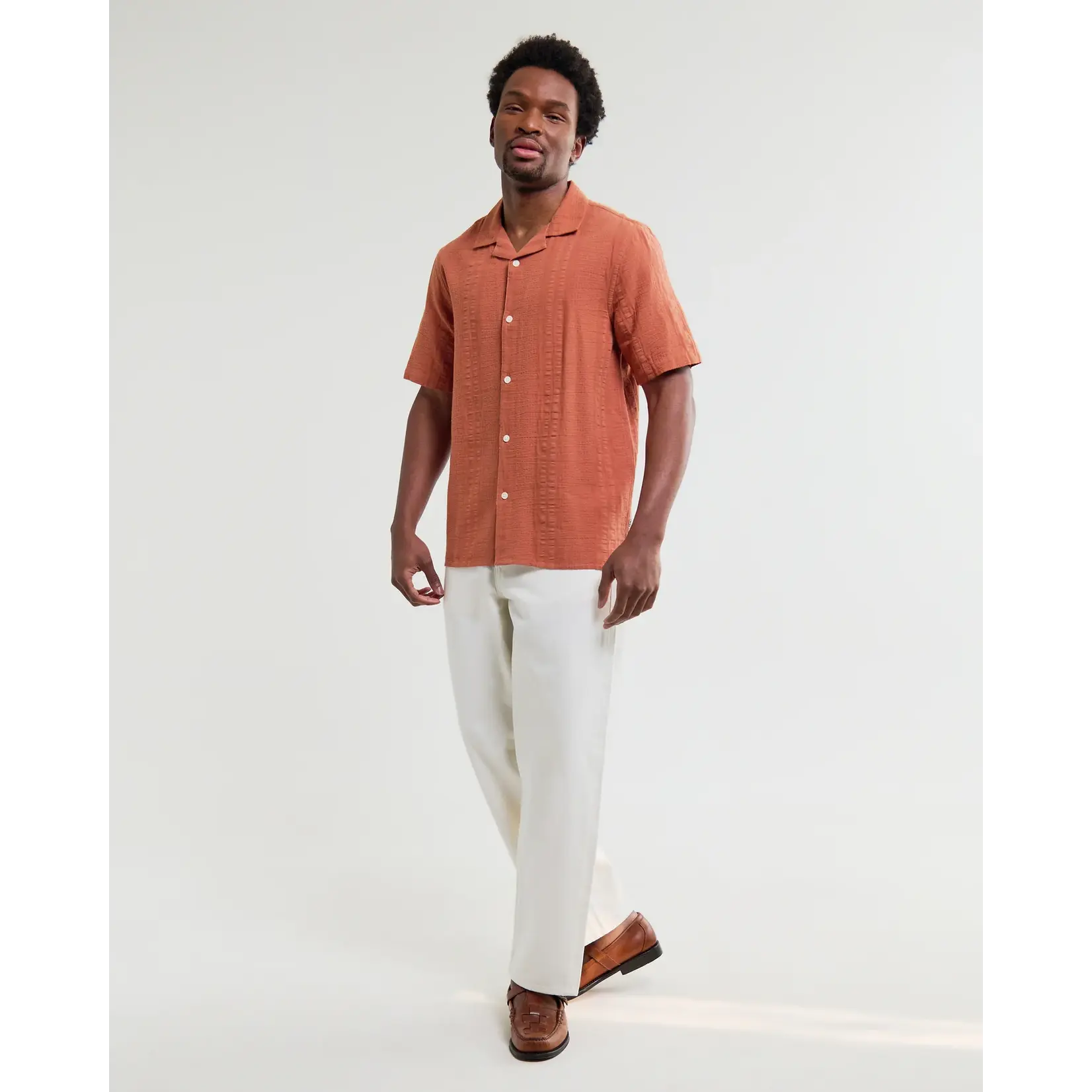 Wax London Wax London Didcot SS Shirt Dbl-Weave Seersucker Rust