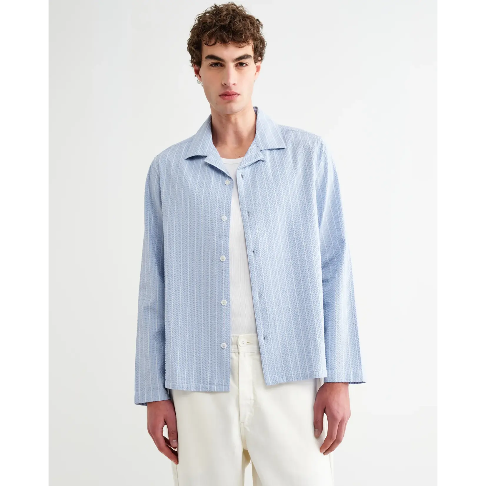 Wax London Wax London Corey LS Shirt Seersucker Stripe Blue/Ecru