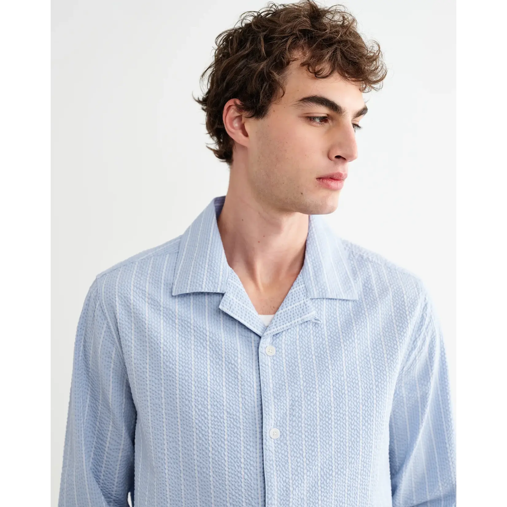 Wax London Wax London Corey LS Shirt Seersucker Stripe Blue/Ecru