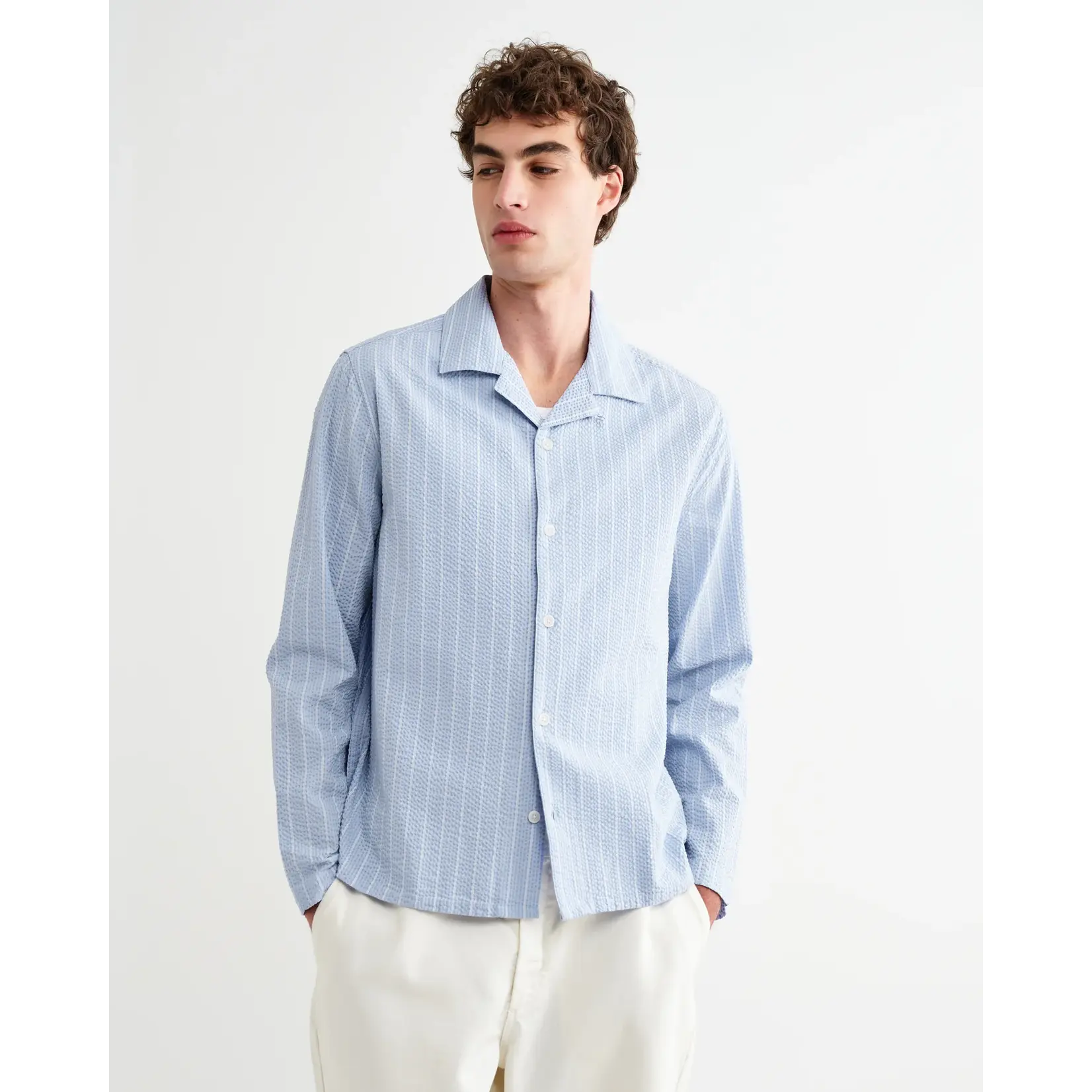 Wax London Wax London Corey LS Shirt Seersucker Stripe Blue/Ecru