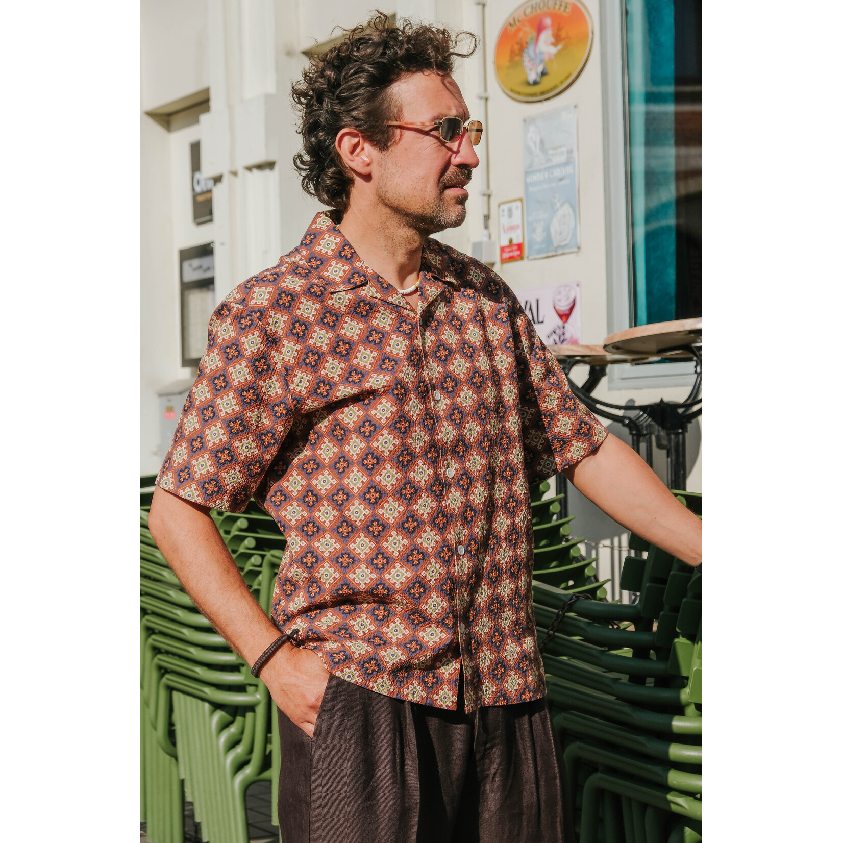 Wax London Wax London Didcot SS Shirt Seersucker Tiles Rust/Multi