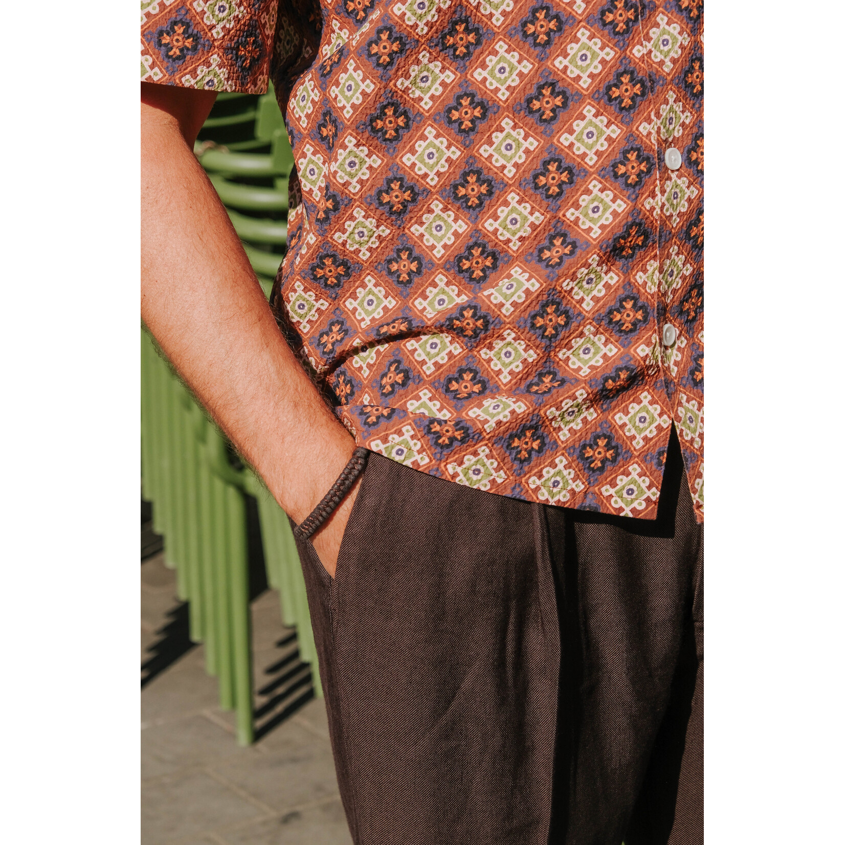 Wax London Wax London Didcot SS Shirt Seersucker Tiles Rust/Multi