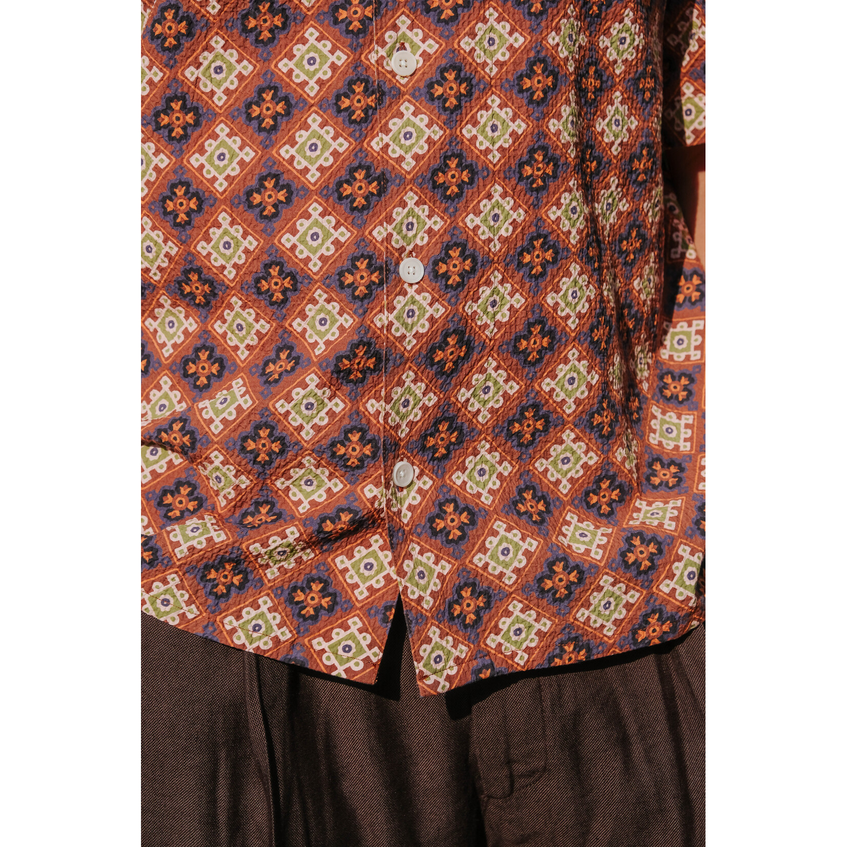 Wax London Wax London Didcot SS Shirt Seersucker Tiles Rust/Multi