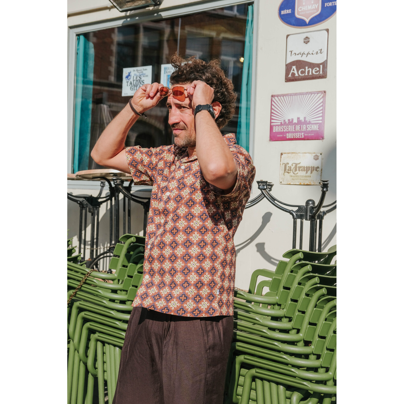 Wax London Wax London Didcot SS Shirt Seersucker Tiles Rust/Multi