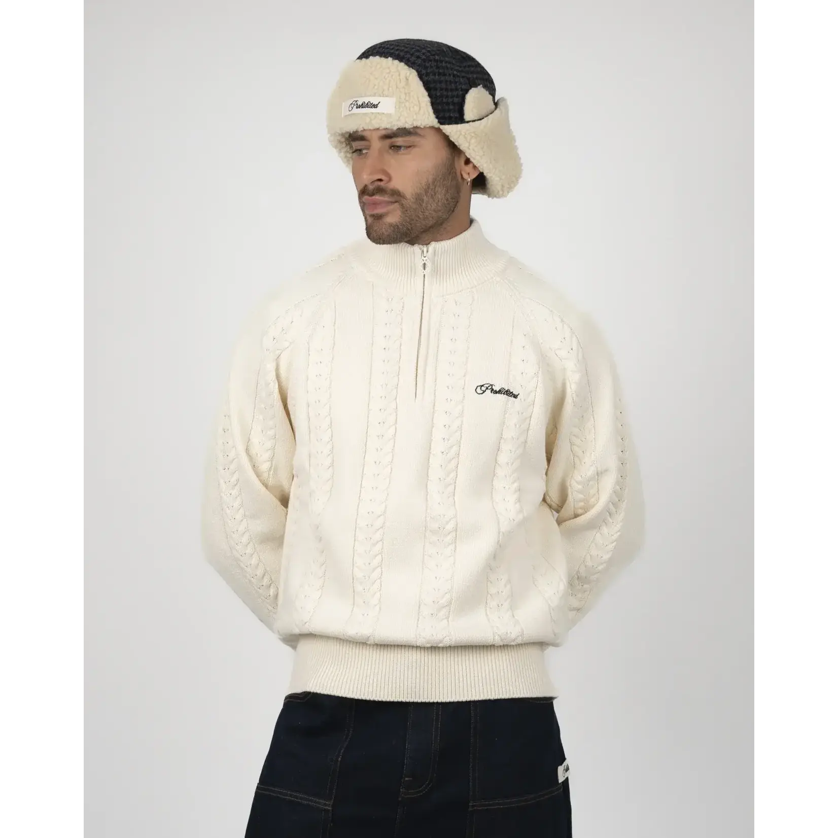 Prohibited Prohibited Cable Knit Quarter Zip Cream
