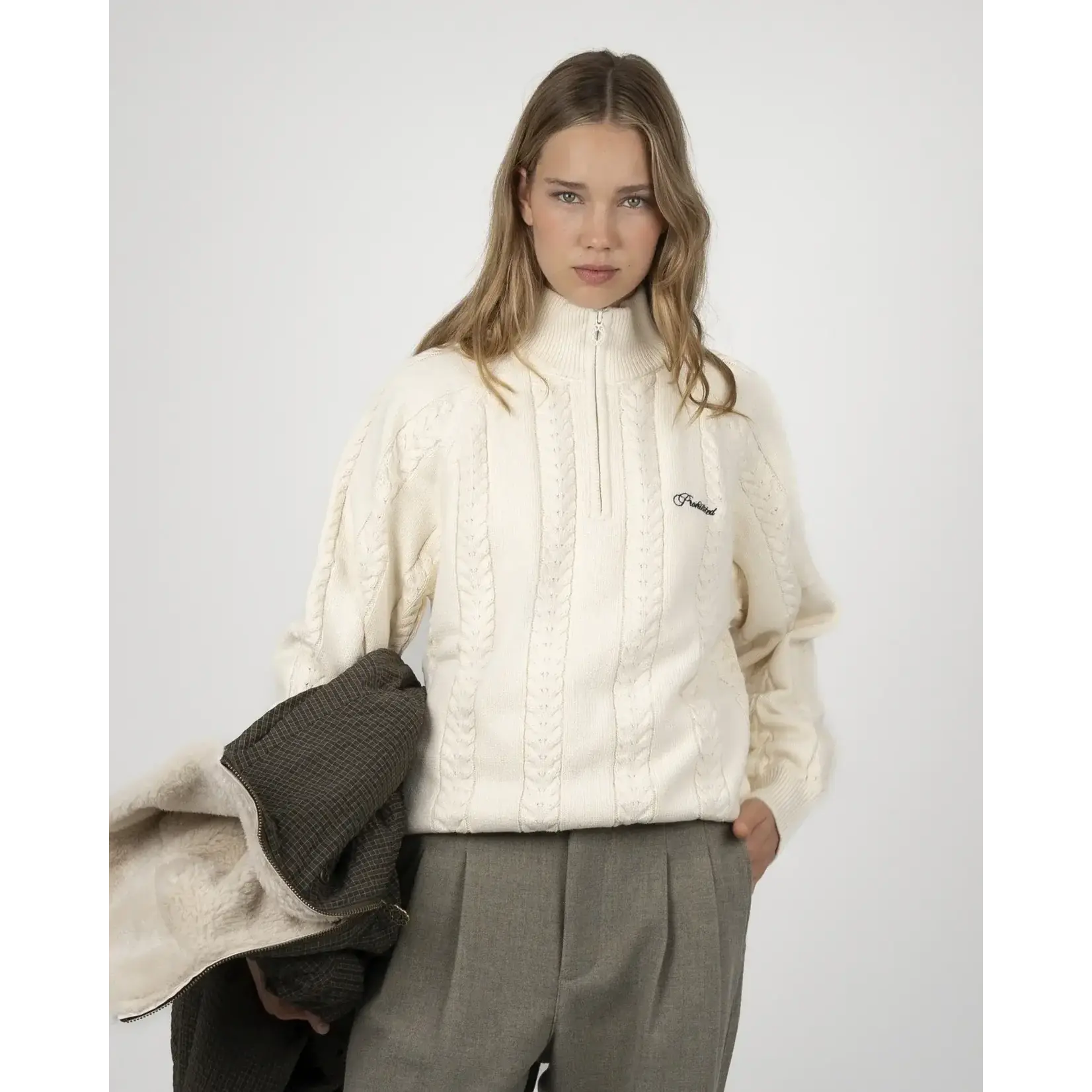 Prohibited Prohibited Cable Knit Quarter Zip Cream