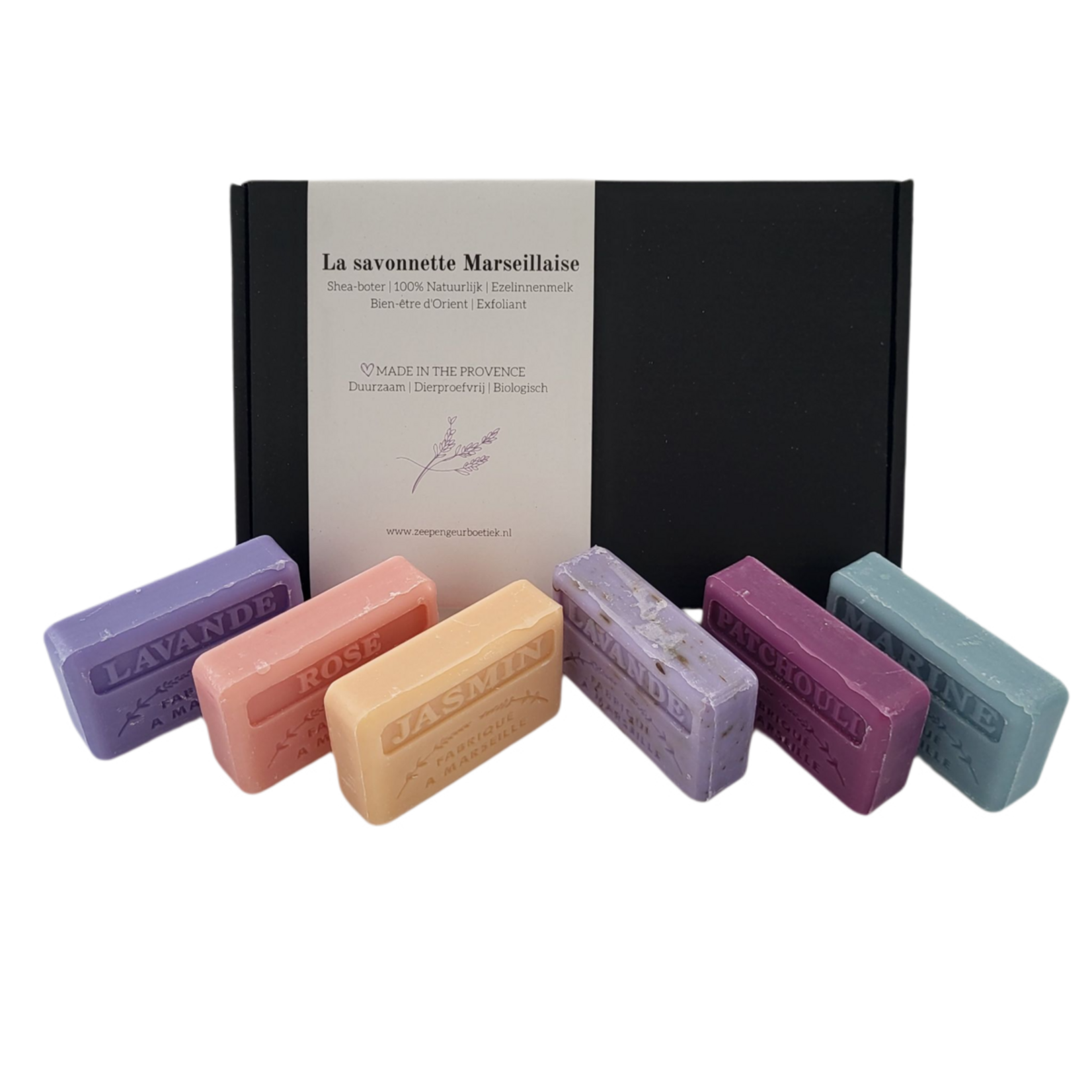 La savonnette Marseillaise Zeep bar cadeauset: Lavendel, Rose, Jasmin, Lavendel scrub, Patchouli, Marine