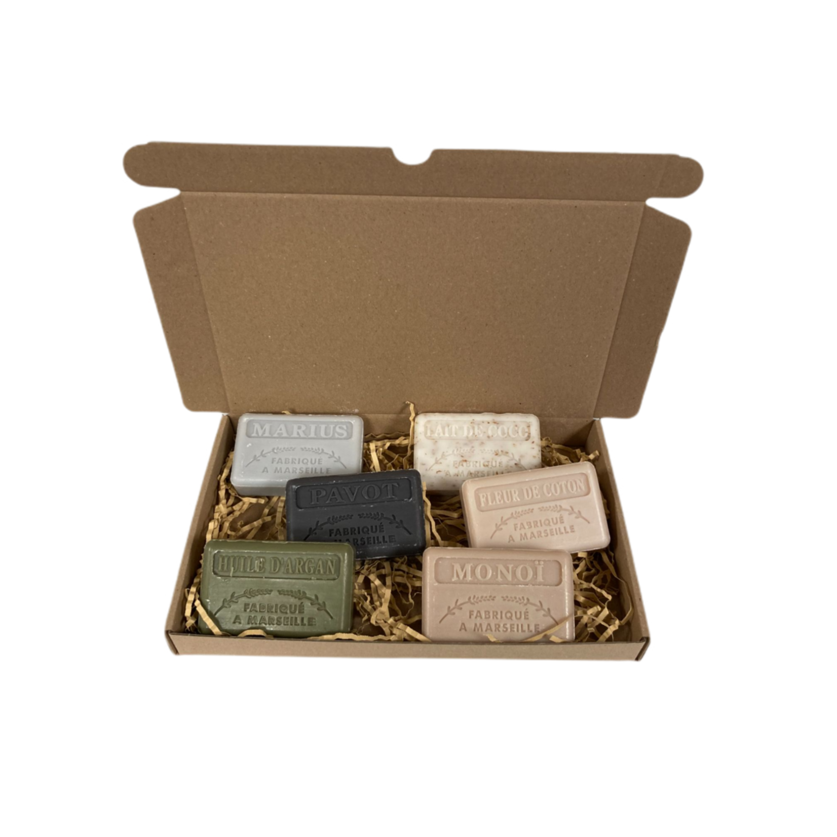 La savonnette Marseillaise Zeep bar cadeauset: Marius, Pavot, Huile d'argan, Lait de coco, fleur de coton, Monoi