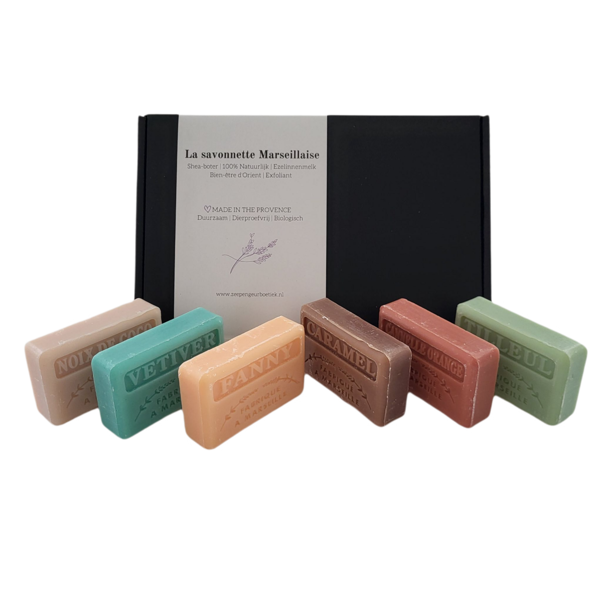 Marseille zeep bar cadeauset Tilleul, Vetiver, Noix de Coco, Cannelle