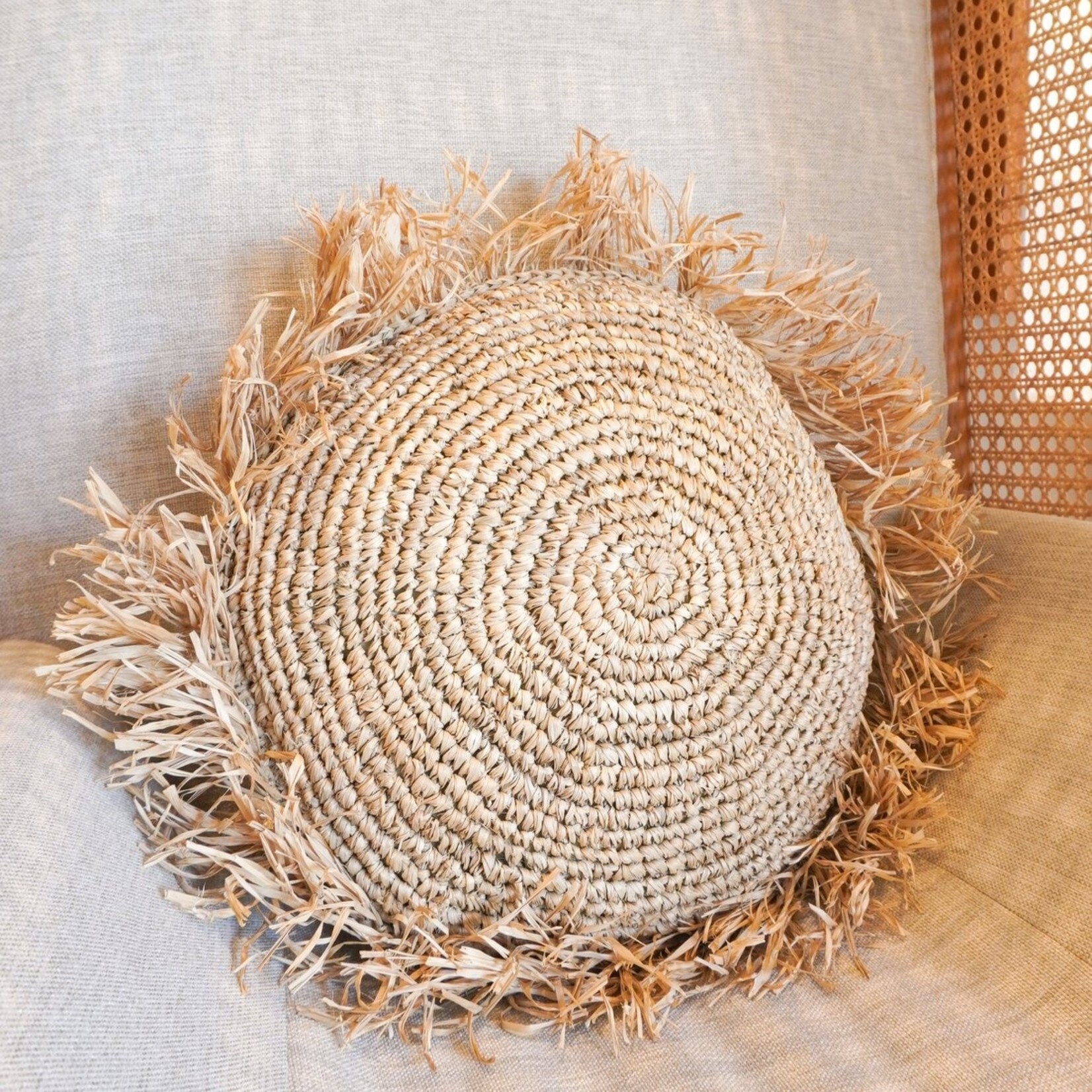 Soeji Rond Boho Kussen met Franjes Decoratief Kussen Ø40/50 cm Sierkussen van Raffia Bankkussen met Vulling TARAKAN beige