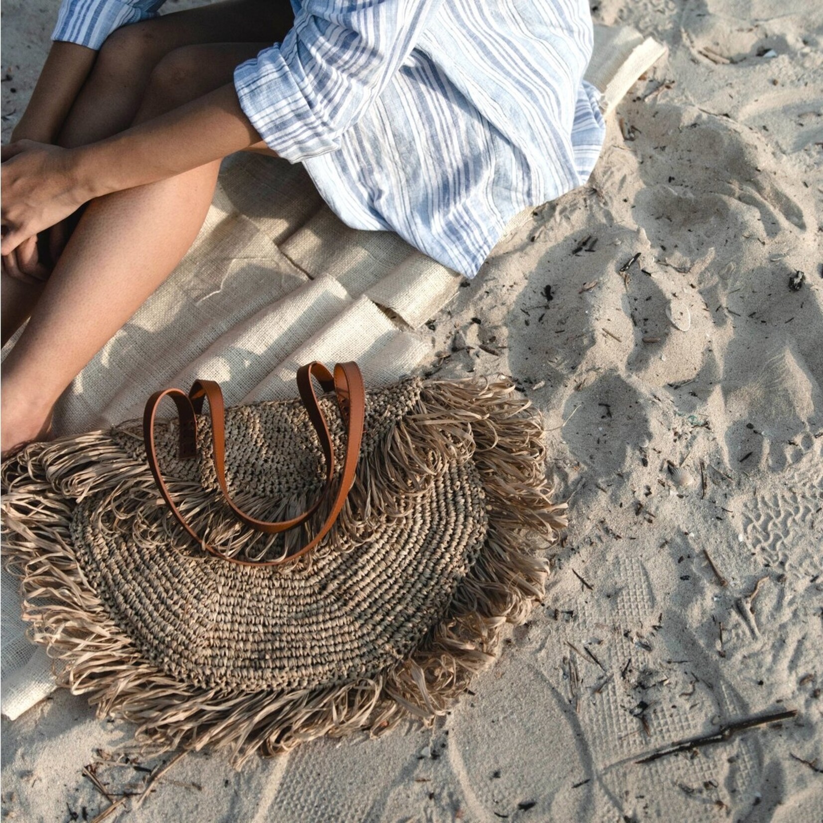 Soeji Beige schoudertas met franjes Strandtas Tote Boodschappentas SUMBAWA