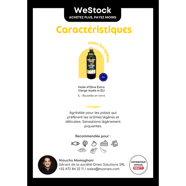 RIBATTI Huile d'olive 100% Extra vierge - 1 litre - Union Européenne