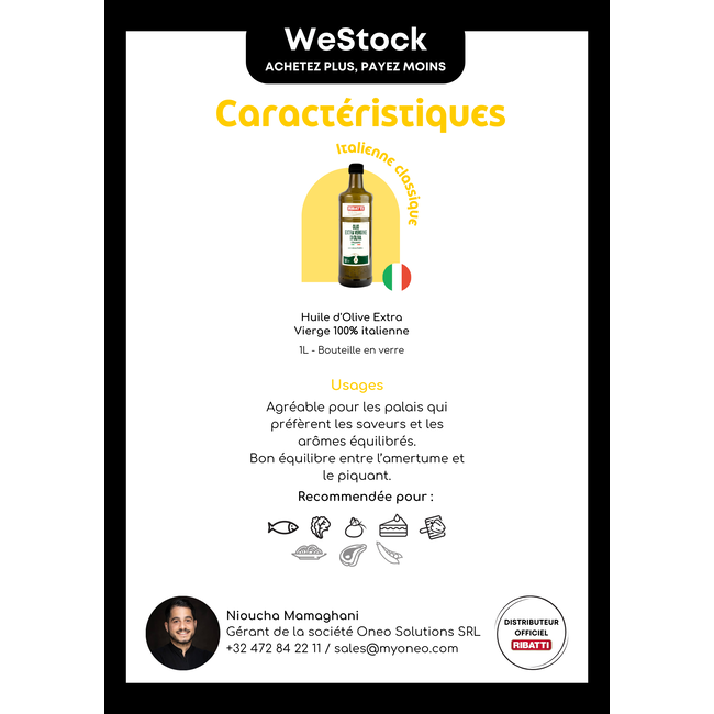 RIBATTI Huile d'olive 100% Extra vierge - 1 litre - D'orgine italienne (Pouilles)