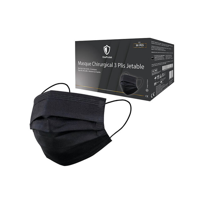 OneProtek Masques chirurgicaux Type IIR | Noir | Boîte de 50