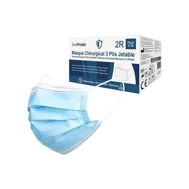 OneProtek Masques chirurgicaux Type IIR | Bleu | 5x10 Masques