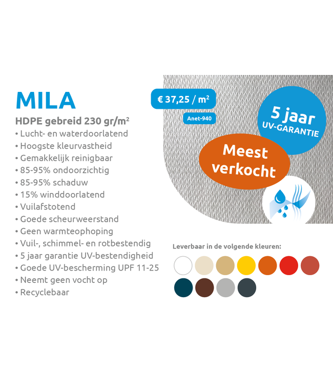 Maatwerk schaduwdoek gecurvde zijden driehoek rechte hoek L waterdoorlatend Mila