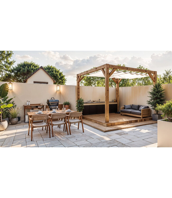 Douglas pergola 324x424cm met harmonicadoek waterdoorlatend  290x400cm