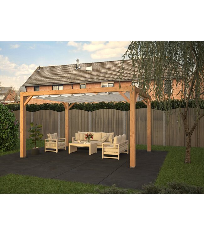 Douglas pergola 404x394cm met harmonicadoek waterdoorlatend 370x370cm