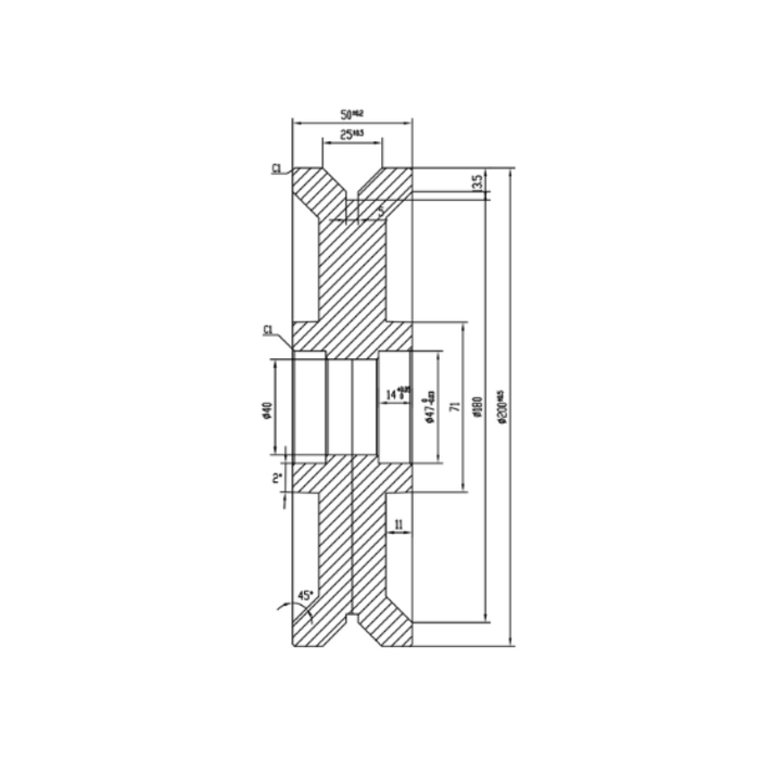 Rillenrad 200 mm mit V Rille - 1400 kg