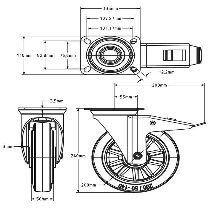 Gummi Lenkrollen mit Bremse 200 mm - Kugellager - 450 kg