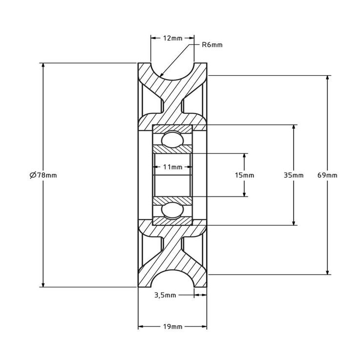 Kunststoff Kabelscheibe 78 mm mit U Rille - 245 kg