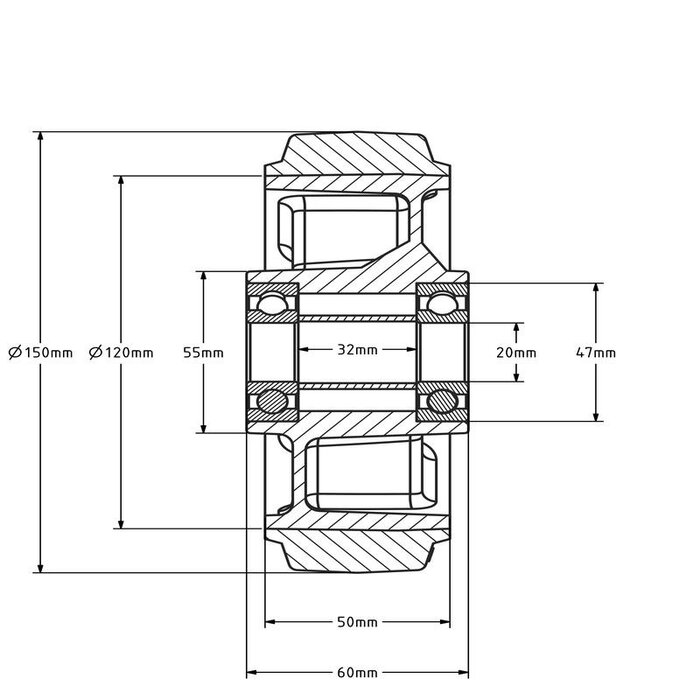 Gummirad 150 mm - Kugellagerbohrung 20 mm - 300 kg