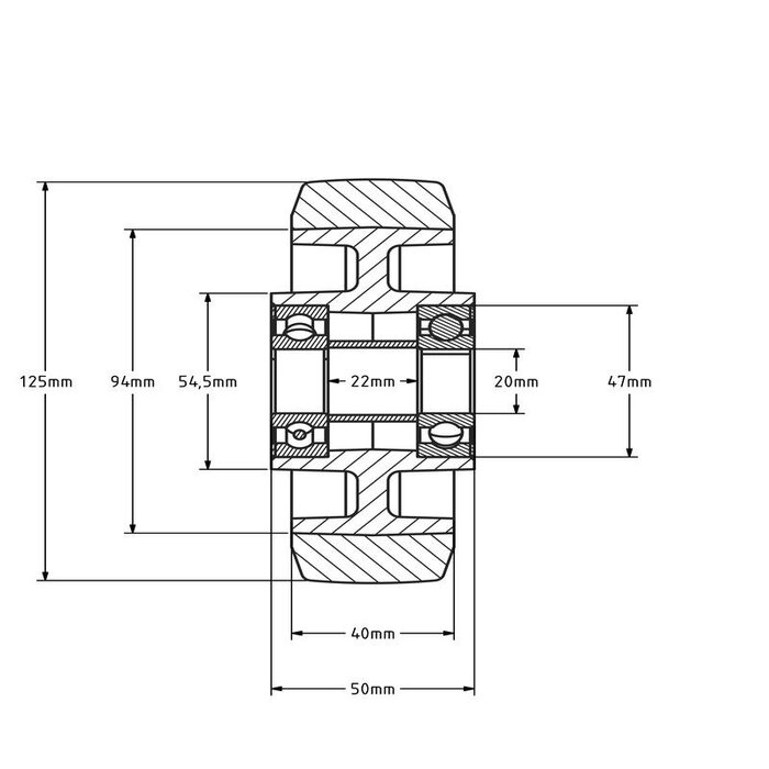 Gummirad 125 mm - Kugellagerbohrung 20 mm - 200 kg