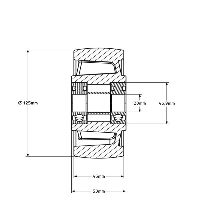 Nylon Rad 125 mm - Kugellagerbohrung 20 mm - 400 kg