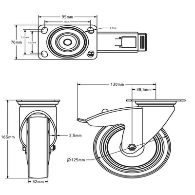 Ausstattung Lenkrollen mit Bremse 125 mm - Kugellager - 125 kg