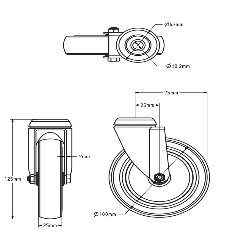 Schwarze Lenkrolle 100 mm - Bolzenloch - 80 kg