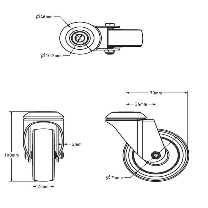 Schwarze Lenkrolle 75 mm - Bolzenloch - 60 kg