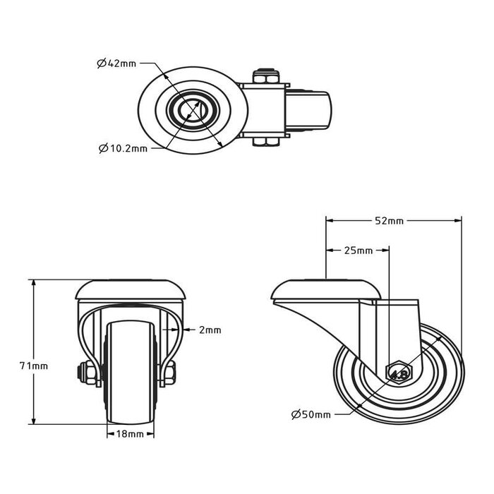 Schwarze Lenkrolle 50 mm - Bolzenloch - 40 kg