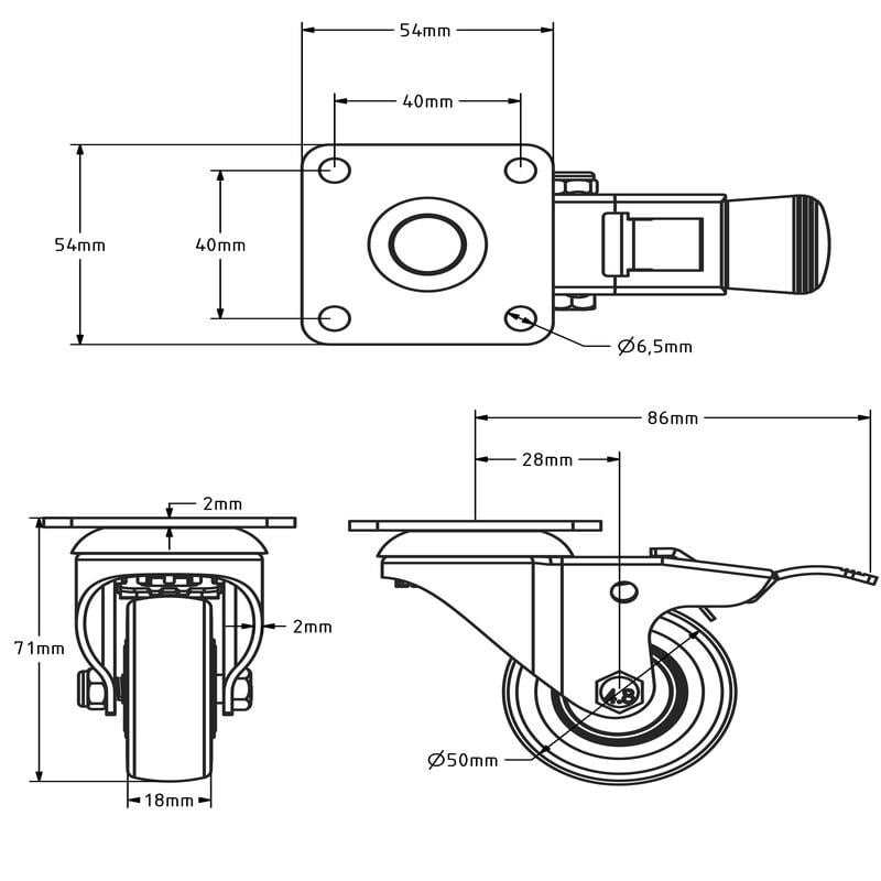 Schwarze Lenkrolle mit Bremse 50 mm - Gleitlager - Platte - 40 kg
