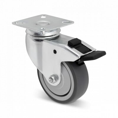 Gummi Lenkrollen mit Bremse 75 mm - Platte - 60 kg