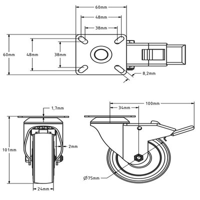 Gummi Lenkrollen mit Bremse 75 mm - Platte - 60 kg