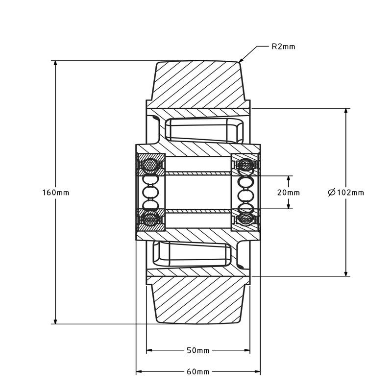 Gummirad 160 mm - Kugellager 20 mm - 350 kg