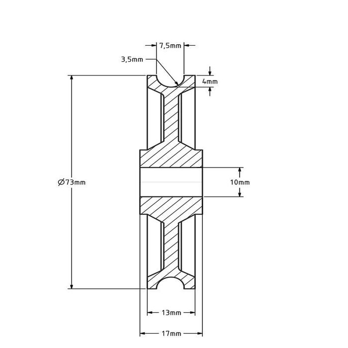 Kunststoff Kabelscheibe 73 mm mit U Rille - 55 kg