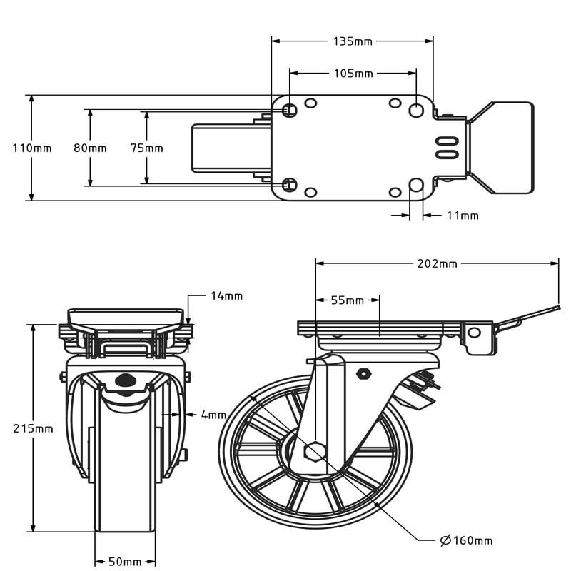 Polyurethan-Schwerlast-Lenkrolle mit Bremse 160 mm - Kugellager - 800 kg
