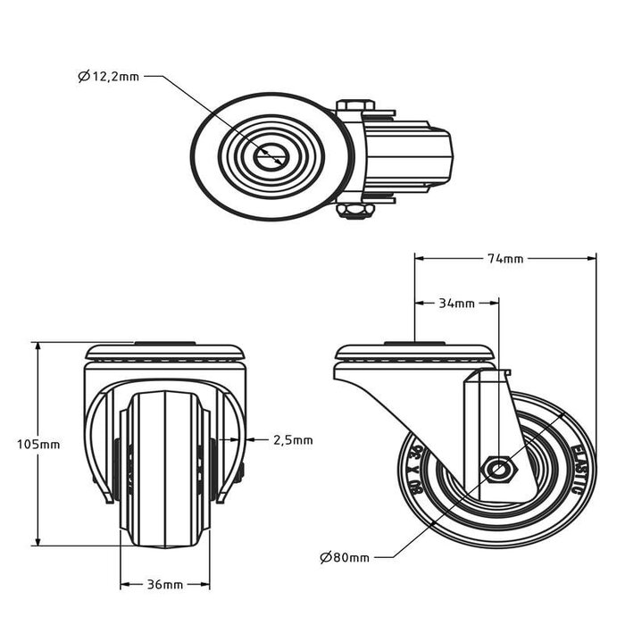 Elastisch Gummi Lenkrolle 80 mm - Rollenlager - 110 kg